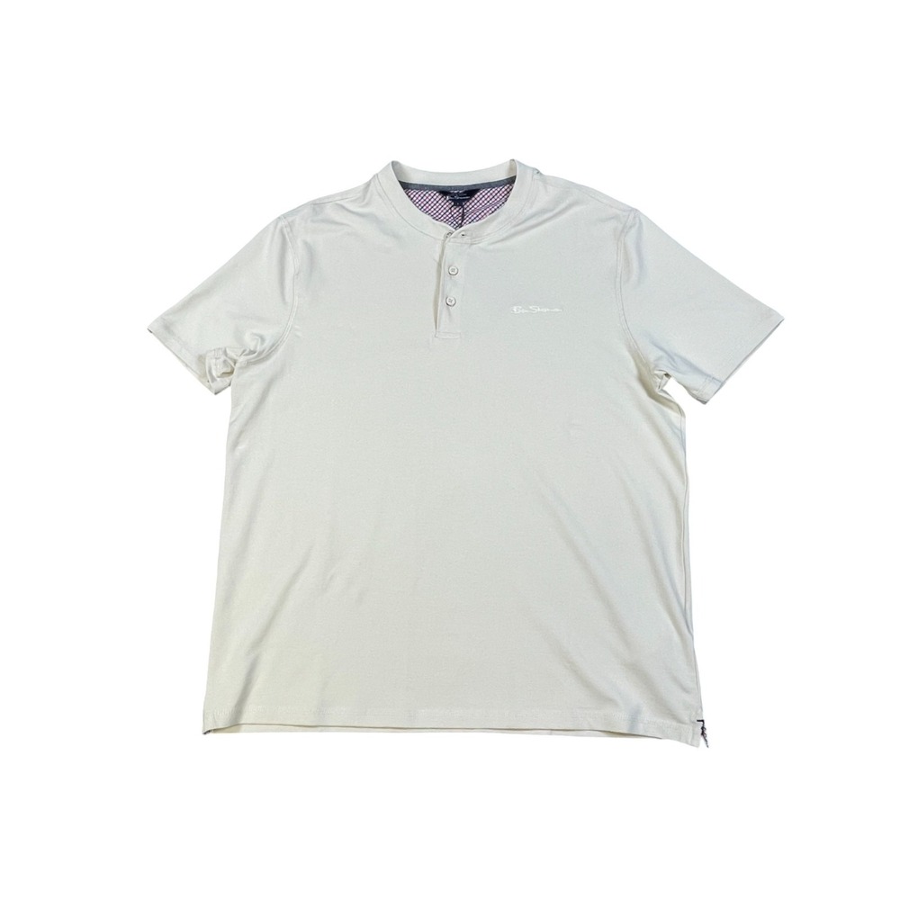 NWT Ben Sherman POLO 3 button pullover collarless shirt mens short sleeve beige